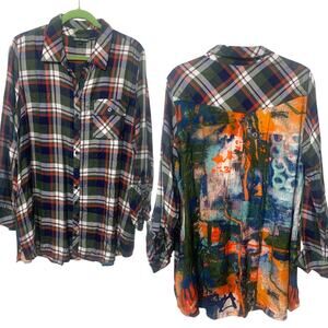 Tolani Mix Media Plaid  Button Front Tunic Top‎ Shirt w pockets sz LG